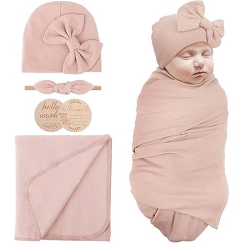 Newborn Receiving Blanket with Bow Hat Headband Wooden Card Set Newborns Toddler Baby Boy Girl Nursery Swaddle Wrap