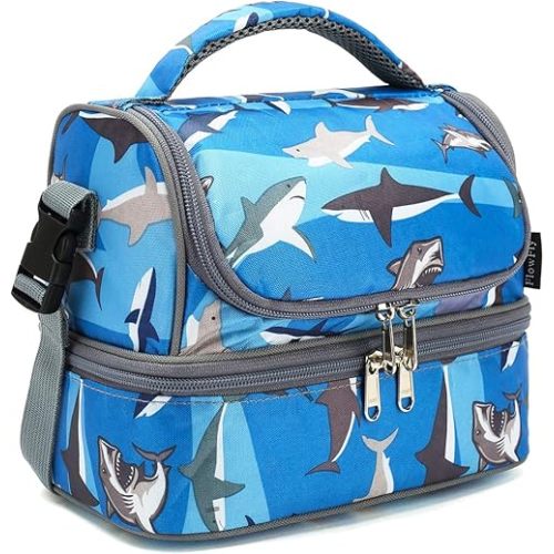 FlowFly Kids Double Decker Cooler Insulated Lunch Bag Large Tote for Boys, Girls, Men, Women, With Adjustable Strap, Shark