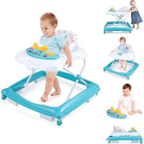 BABY JOY Baby Walker, 4 in 1 Foldable Activity Walker with Adjustable Height, Music, Lights, Anti-Rollover Toddler Push Walker, Baby Walker with Wheels for Boys Girls 7-14 Months (Green)