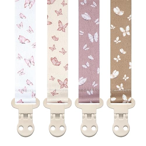 Baby Pacifier Clip Holder - Girl or Boy Unisex 4 Pack Gift Set – Boho Modern Neutral Butterflies (Anabella)