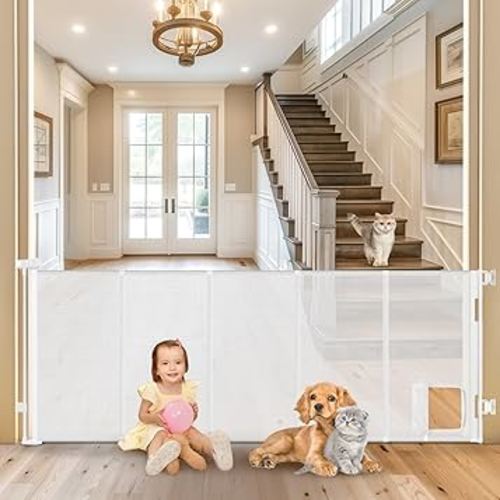 Reinforced 90” Extra Wide Retractable Baby Gate with Cat Door 33 Inch Tall Retractable Gates for Dogs Indoor with Door 7.5 Ft Extra Long Baby Gates for Large Openings Mesh Pet Gate Indoor, White
