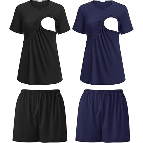 Ekouaer 2 Pack Women's Nursing Pajamas Set Double Layer Maternity Pjs Postpartum Loungewear Set Breastfeeding Tops & Shorts