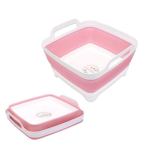 2.4 Gal(9L) Collapsible Dish Basin with Drain Plug, Space Saving Outdoor Multiuse Foldable Sink Tub, Dishpan, Kitchen Storage Tray for Camping, Vegetable Washing, RV (Pink)