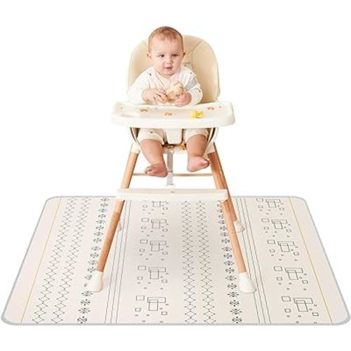 Innokids Baby Splat Mat for Under High Chair 51 x 51 Inch Waterproof and Washable Splash Mat Anti-Slip Floor Protector Under Highchair Mess Prevention (51" x 51", Beige Geometry)