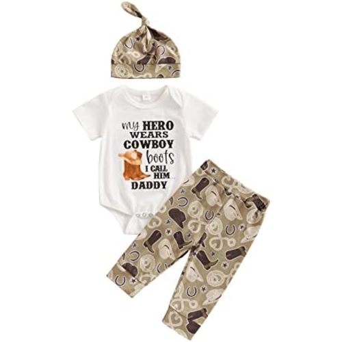 Kayotuas Newborn Baby Boy Cowboy Outfit Country Western Romper Shirt and Cowboy Boot Pants with Hat 3 Pcs Coming Home Outfit