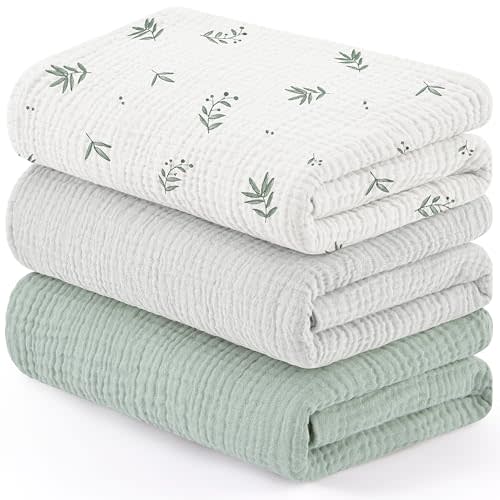 Susurration Muslin Receiving Blanket,100% Cotton Swaddle Blankets for Newborn Soft Thin Swaddle for Unisex Newborn 38x40inch (Green Bamboo)