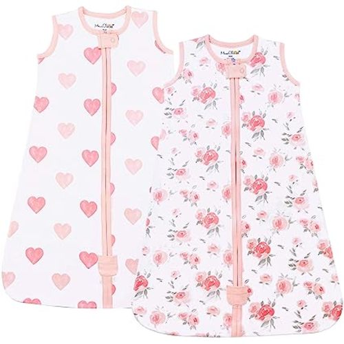 Mama Cheetah Baby Wearable Blanket, Swaddle Transition Organic Cotton Sleep Bag, 0.5 TOG Sleeping Sack with 2-Way Zipper, Medium (6-12 Month), Roses/Hearts - 2-pack Watercolor Pink