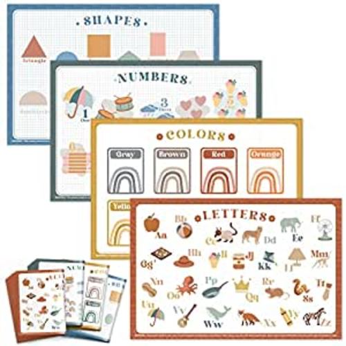 Babebay Disposable Placemats for Baby, 40 Pack Sticky Toddler Placemat for Restaurants, Dining Table, Party, Travel, 12" x 18" with 4 Designs - Alphabet and Number - 12x18 Inch (Pack of 40)