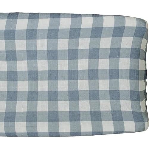 Mebie Baby Changing Pad Cover, Dusty Blue Gingham, 100% Muslin Cotton Changing Table Pad Cover for Boy and Girl, Designer Nursery Decor Covers, Diaper Changing Pad Cover for Changing Station