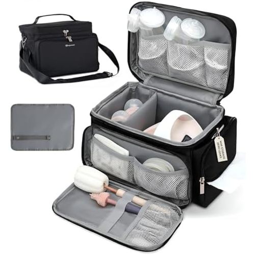 Breast Pump Bag Fit for Spectra S1 and S2, Wearable Breast Pump Bags with Milk Pack, Pumping Bag with Waterproof Mat for Pump Accessories, Bottle Bags for Travel and Family, Black