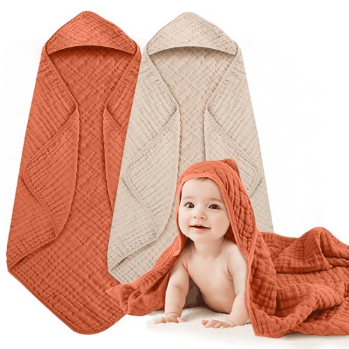 Hooded Baby Bath Towels, 2 Pack 100% Muslin Cotton Towel for Newborn, Babies, Infants, Toddlers, Large 32x32 Inch, Soft & Absorbent, Unisex, Newborn Essential