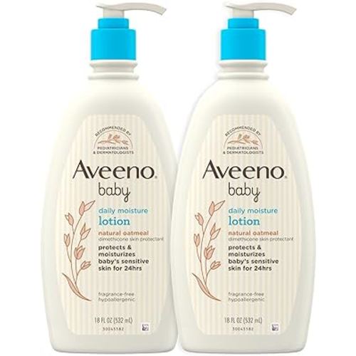 AVEENO BABY Daily Moisture Body Lotion for Delicate Skin, Natural Colloidal Oatmeal & Dimethicone, Hypoallergenic Moisturizing Lotion, Fragrance- & Paraben-Free, Twin Pack, 2 x 18 fl. oz