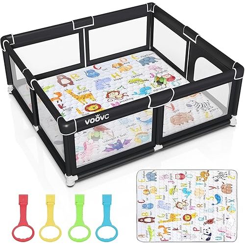 Premium Baby Playpen with Mat, 71x60 Inches Extra Large Play Pen for Babies and Toddlers, Indoor & Outdoor Activity Center, Safety Baby Playpen with Gate Prints Black