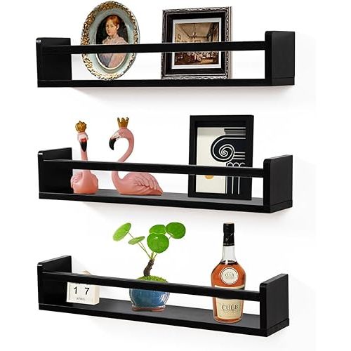 MBYD Nursery Bookshelves Black, 24 Inch Floating Shelves for Wall Set of 3, Wood Wall Mounted Shelves for Books, Kids Bookshelf for Bedroom, Baby Nursery Decor