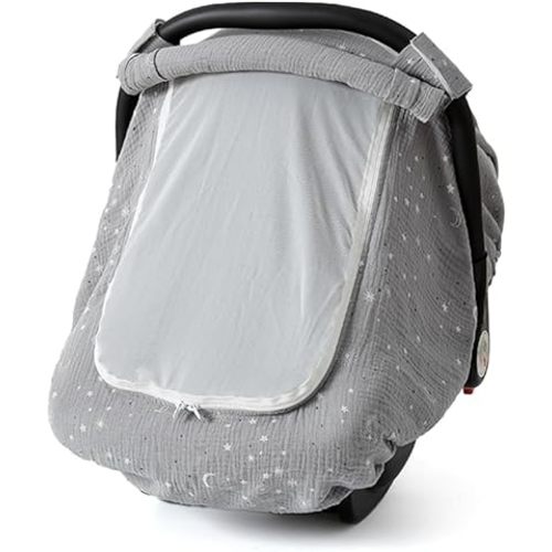 Muslin Cotton Baby Car Seat Cover for Boys and Girls, Summer Baby Car Seat Covers Infant Car Seat Canopy with Breathable Mesh Window Windproof Carseat Cover for Babies (Gray)