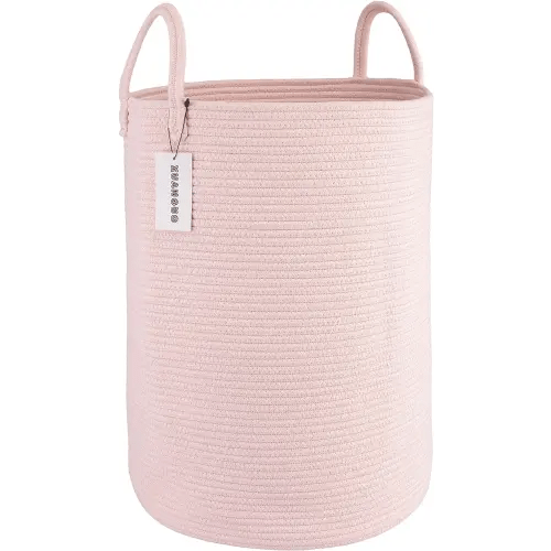 Cotton Rope Laundry Basket Hamper for Clothes Woven Storage Basket for Living Room Bedroom Boho Tall Rope Baskets for Blanket Toys Pillow Towels Baby Nursery Hamper Bin Large light pink