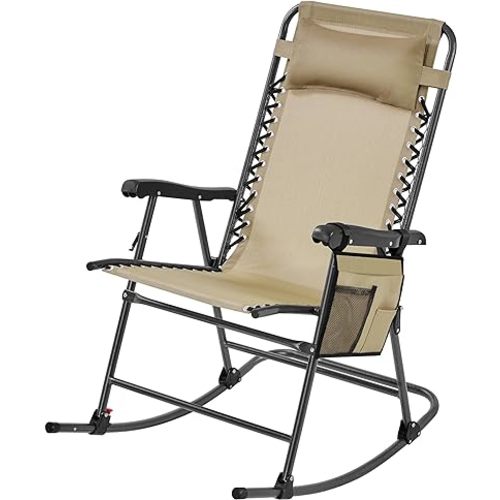 Yaheetech 26in Rocking Chair Outdoor Zero Gravity Folding Chairs Rocking Chairs Foldable Outdoor Reclining Lounge Chair for Outside Lawn with Cupholder/Pillow Ergonomic Design for Rest, Beige