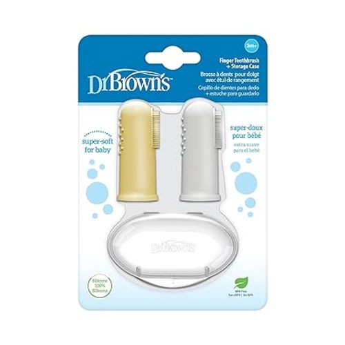 Dr. Brown's Silicone Finger Toothbrush for Baby with Travel-Storage Case, 3m+, Gray and Yellow, 2-Pack