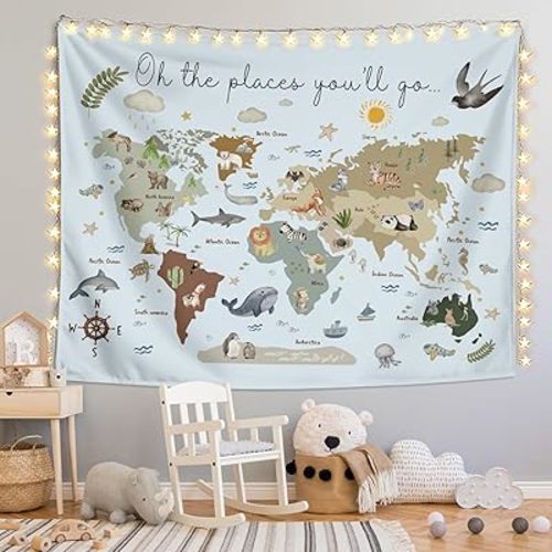 LIANGW World Map Tapestry Wall Hanging for Kids, Animal Continents Wildlife Educational Geography Learning Wall Blanket Decor for Classroom Toddler Kids Room Nursery Playroom, 50x60 Inch
