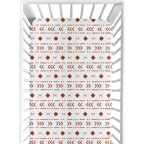 Sweet Jojo Designs White Rust Boho Tribal Mudcloth Boy Girl Fitted Crib Sheet Baby or Toddler Bed Nursery - Orange Woodland Bohemian Southwest Geometric Arrow Gender Neutral Aztec Mud Cloth