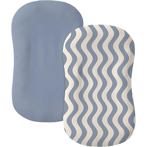 guruixu Muslin Baby Lounger Cover 2 Pack, 100% Cotton Infant Lounger Cover, Soft & Breathable Replacement Slipcover, Compatible with Snuggle Me Newborn Lounger (Tradewinds,Tradewinds Wave)