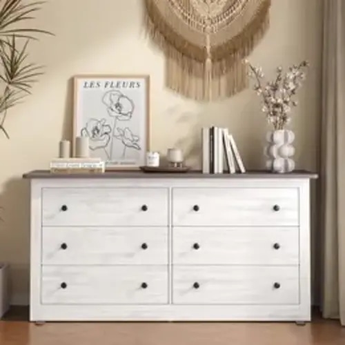 59in Wood Dresser 6 Drawer Storage Cabinet Vintage Dresser Chest of Drawers for Bedroom and Living Room - TikTok Shop