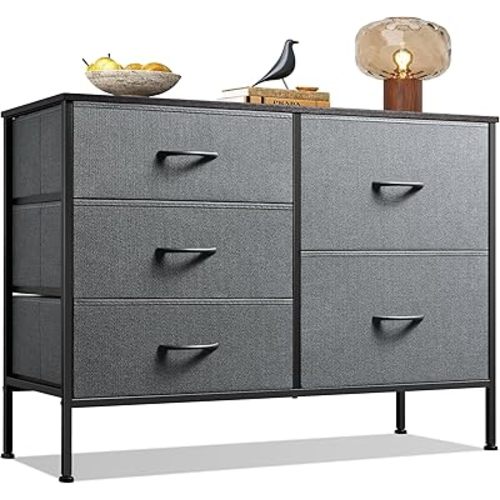 WLIVE Dresser for Bedroom with 5 Drawers, Wide Bedroom Dresser with Drawer Organizers, Chest of Drawers, Fabric Dresser for Living Room, Closet, Hallway, Dark Grey