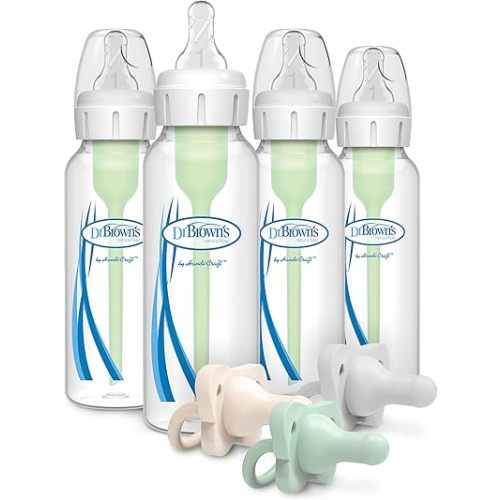 Dr. Brown’s Anti-Colic Options+ Baby Bottles, Narrow, 8oz, 4 Pack and HappyPaci 100% Silicone Pacifier 0-6m, BPA Free, Green, Ecru, Cool Gray 3-Pack