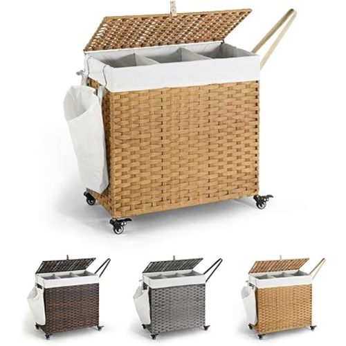 CAPHAUS Laundry Basket w/Wheels, Synthetic Rattan Laundry Hamper w/Lid, Removable Liner Bags, Mesh Bags, Pulling Strap, Clothes Hamper for Laundry, Basket w/Lid for Storage, 140L, Natural