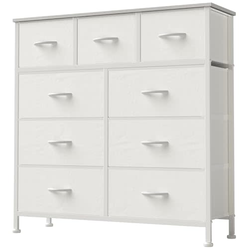 DUMOS Dresser for Bedroom, Storage Organizer with 9 Drawers, Chest of Drawers with Fabric Bins, Sturdy Metal Frame, Wood Tabletop for Guest Room, Closet, Entryway, White