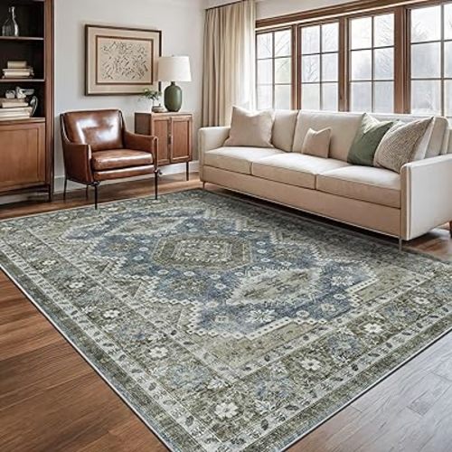 Rugland 5x7 Area Rugs for Living Room - Stain Resistant Washable Rug, Anti Slip, Vintage Tribal Area Rugs (TPR07-Green, 5'x7')