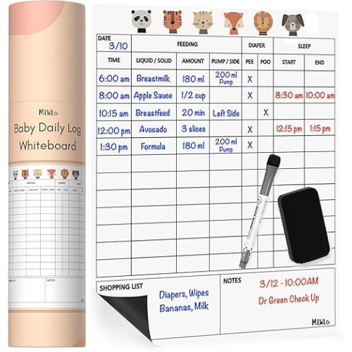 Mewl Baby Daily Log Whiteboard - Reusable Baby Tracker to Log Feeding, Diapers & Sleep - Newborn Baby Journal & Schedule Chart for New Parents, Nanny, Babysitter - Pregnancy & New Mom Gift