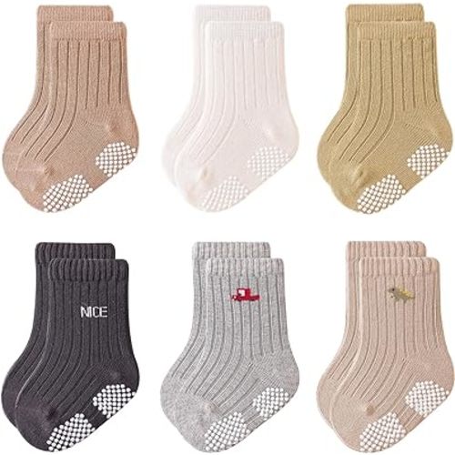 Baby Toddler Socks with Grips Kids Girl Boy Crew Ankle Socks Cotton 0-5T 6 Pack
