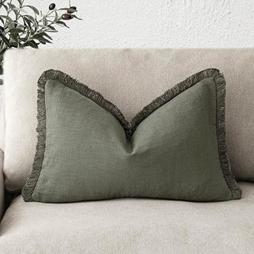 Decorative Linen Fringe Lumbar Throw Pillow Cover - 12×20 Inch, Olive Green