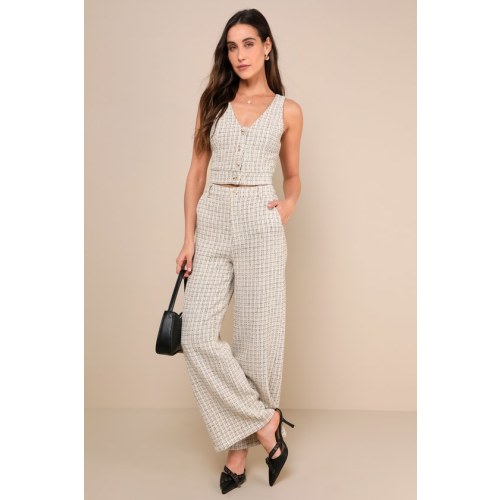 Posh Perception Ivory and Black Plaid Tweed Wide-Leg Pants