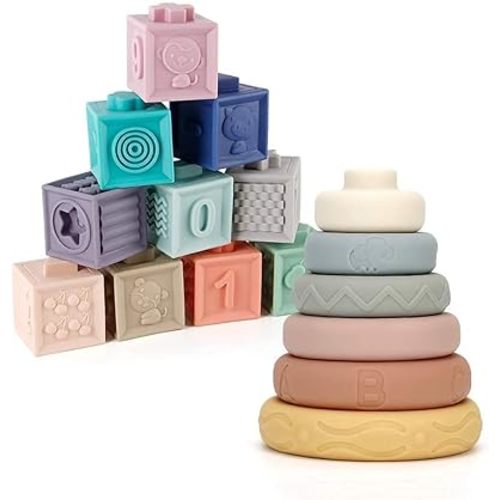 Mini Tudou Baby Blocks & Stacking Rings Toy Set, Baby Sensory Building & Teething Toys Educational Squeeze Play with Animals Shapes Textures Numbers, Holidays for Toddlers Babies 6m+