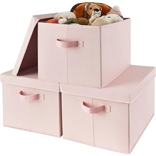 GRANNY SAYS Storage Bins Fabric, Large Storage Bins with Lids, Collapsible Storage Box Closet Shelf, Decorative Storage Baskets for Organizing Bedroom Dorm Nursery, Pink, 3-Pack