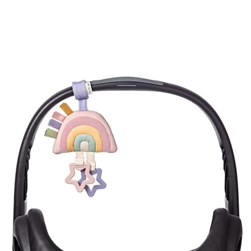 Itzy Ritzy Jingle Travel Toy for Stroller, Car Seat or Activity Gym - Baby Hanging Toy Features Jingle Sound, Clinking Rings & Adjustable Attachment Loop (Pastel Rainbow)