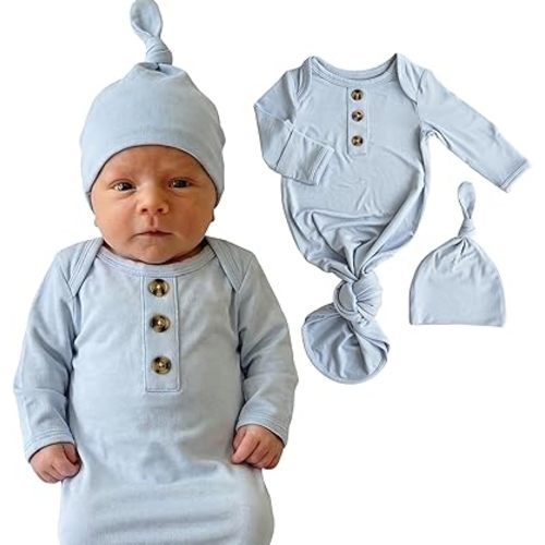 Caden Lane Newborn Knotted Gown with Hat, Soft Bamboo Viscose Baby Sack, Unisex Infant Breathable Night gown