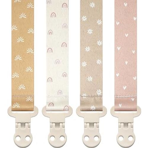 Stadela Baby Pacifier Clip Holder - Girl 4 Pack Gift Set - Boho Rainbow Suns Hearts Daisies Design (Belle)