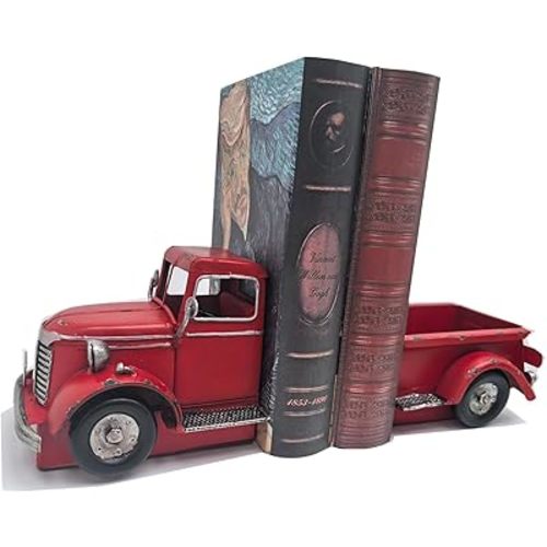 Decorative Book Ends Vintage Bookends: Metal Truck Book Stopper for Heavy Books - Farmhouse Decor for Shelf Table Coffee Bar Office Home - Gift for Adults Men Teen (Vintage Red)