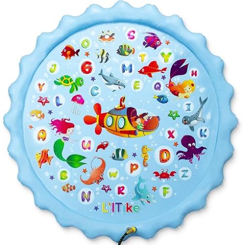 Large Splash Pad for Kids - Alphabet and Mermaid Design - Extra Durable and Non-Toxic Kids Splash Pad with Steady Water Flow - Splash Pads for Toddlers 1-3 and Up - 66.9”.