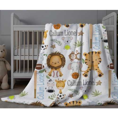 Baby Animal Sports Blanket, Personalized Baby Blanket Jungle, Animals Playing Sports Blanket, Safari Sports Swaddle, Sports Name Blanket