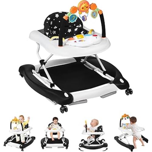 Baby Walker with Wheels, 5 in 1 Baby Walkers for Boys Girls 6-12 Months, Foldable Walker Baby with Bouncer & Feeding Tray, Music, Adjustable Heights