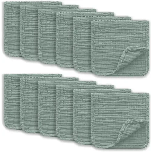 Muslin Burp Cloths Large 100% Cotton Hand Washcloths for Boys & Girls, Baby Essentials Extra Absorbent and Soft Burping Rags for Newborn Registry (Green, 12-Pack, 20" X10")