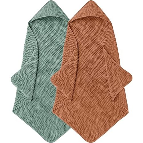 Cotton Muslin Hooded Baby Bath Towels (32x32") 2-pack
