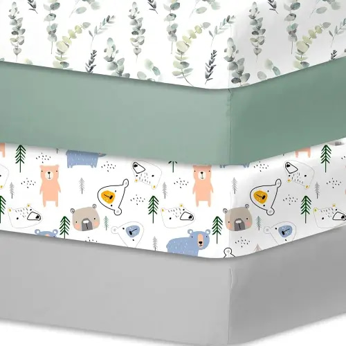 Bimocosy Crib Sheets for Boys Girls, Fitted Crib Sheet 4 Pack for Standard Crib and Toddler Mattresses, Super Soft Breathable Microfiber Baby Sheet 28x52x8in, Leaf/Bear/Gray/Green