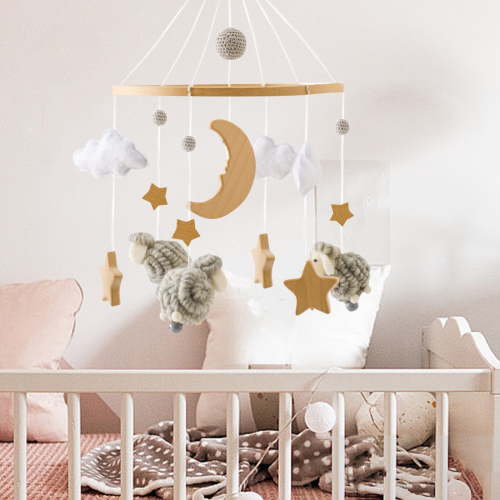 Hanging Rotating Toys Bed Bell for Baby Crib, Felt Sky Bed Bell Hanging, Hangable Wood Bassinet Mobile Crib with Felt Balls, 3D Clouds Stars & Moon Wind Chime Crib Mobile Decor (without Arm)