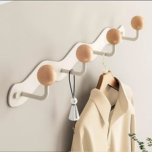 Coat Rack Wall Mount,White Wall Hooks Adhesive & Screw in,Anti-Tear Wooden Ball Hook Rail, Metal Coat Hanger Wall Mount for Entryway, Bathroom, Bedroom, Kitchen1PACK (4-tri Hooks)