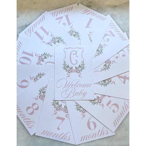 Watercolor Monogram Crest Baby Milestone Cards | Baby Shower Gift | Month Cards | Milestone | Baby Girl | Wreath Monogram Crest | Pink Bow